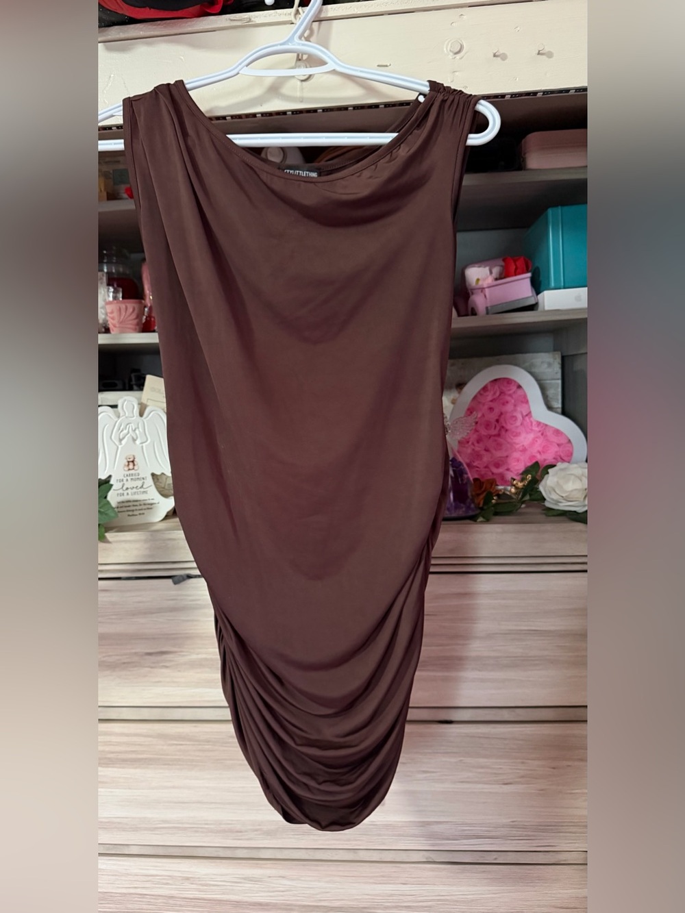 Prettylittlething Brown Ruched Sleeveless Dress- Size 14